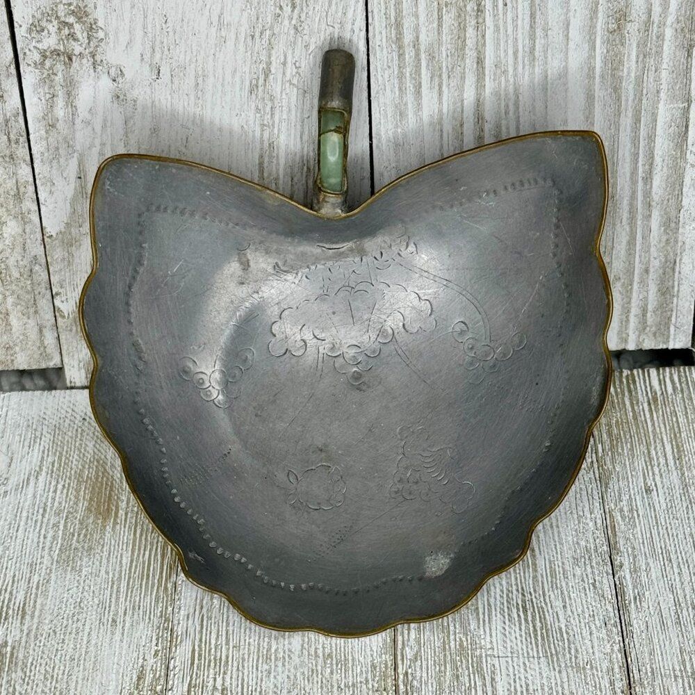 Vintage Chinese Pewter Leaf Dish with Inset Jade Handle